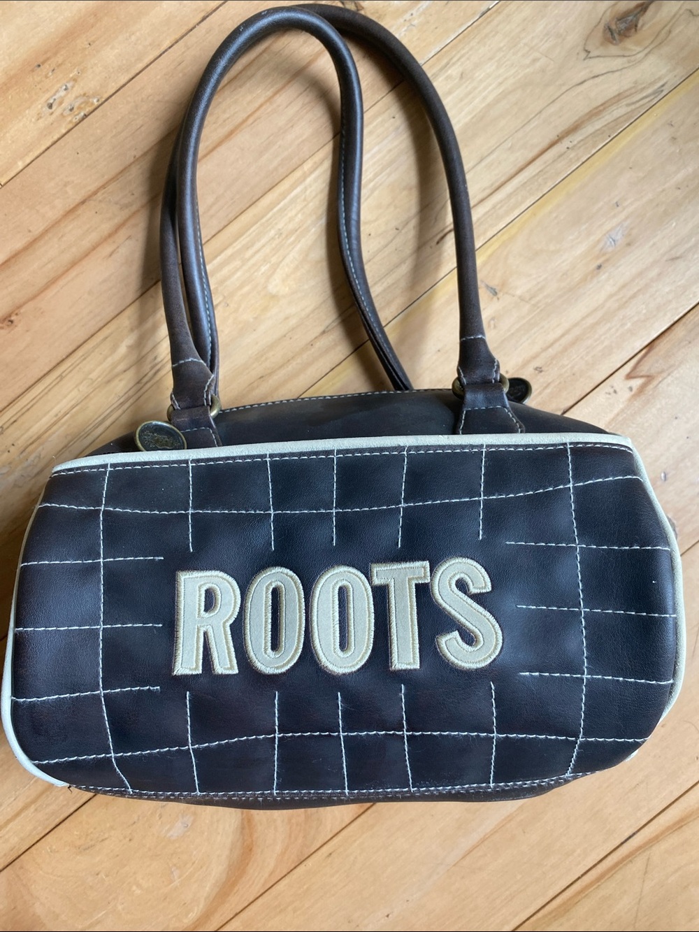 Roots Dark Brown Faux Leather Shoulder Bag with Cream Accents